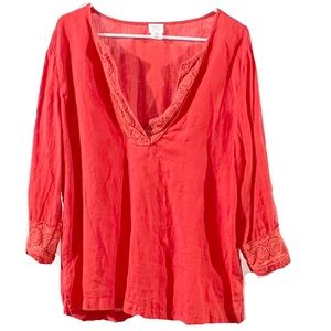 SIGRID OLSEN 100% Linen V Neck Top with Embroidery Size XL Deep Orange